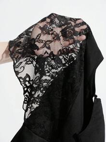 SHEIN Luminelle Women's Round Neck Lace Patchwork Flare Sleeve Cropped Ruffle Hem Blouse - Black - View 8