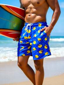 Manfinity Swimmode Pantalones cortos de playa con cordón en la cintura y estampado de pato de dibujos animados para hombres - azul real - Ver 4