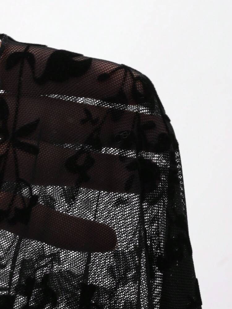 Spring & Summer Ditsy Floral Flocked Lace Blouse, Black, Elegant V-Neck Flare Sleeve Mesh Patchwork Top, Suitable For Valentine's Day, Wedding, Party, Formal Occasion, Slim Fit Long Sleeve Tops Women