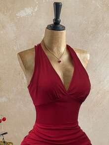 INAWLY Women's Slim Fit Sexy Backless V-Neck Halter Dress - Red - View 3