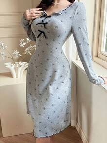 Feyla Women's Bow Print Long Sleeve Casual Fashion Dress - Light Grey - View 5
