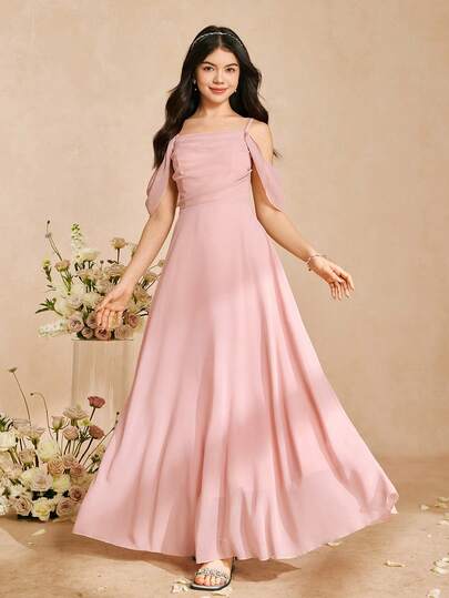 Elegant maxiklänning i chiffong med spaghettiband och utsvängd kjol för tonårsflicka, lämplig för examen, bröllop, bal, formella tillfällen, tonåringar och tweens