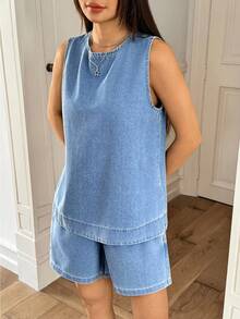 Rivivi Women's Casual Denim Sleeveless Top And Denim Shorts Set - Light Wash - View 5