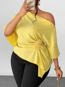 Maweii 大码女士优雅休闲衬衫，肩部褶皱设计，玫瑰花腰部点缀，手帕式下摆，简约风格，适合工作、度假、日常穿着，春夏秋季皆宜。 - 黃色 - 查看 6