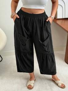 Vionelle Green Plus Size Casual Ruffle Hem Harem Capris Comfortable Breathable Woven Fabric Plain Pants - Green - View 7