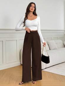 SHEIN Tall Quần ống rộng cạp cao màu trơn, kiểu dáng thường ngày, đa năng, phù hợp cho người cao, phong cách thu đông. - Rỉ Nâu - Xem 4