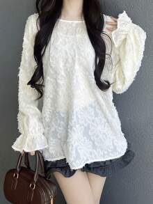 FRIFUL Women's Round Neck All-Over Lace Loose Flare Sleeve Blouse - White - View 4