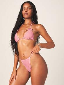 MISSGUIDED Retro Gingham Print Triangle Bikini Set With Halter Neck And String Bottoms Beach Vacation Swimwear - Red and White - View 4