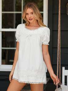 WESTFADE Women's 100% Cotton Poplin & Floral Lace Scoop Neck Bow Front Short Puff Sleeve Mini Dress, Pale Yellow, Summer, Modest, Tea Party, Boho, Cowgirl - White - View 3