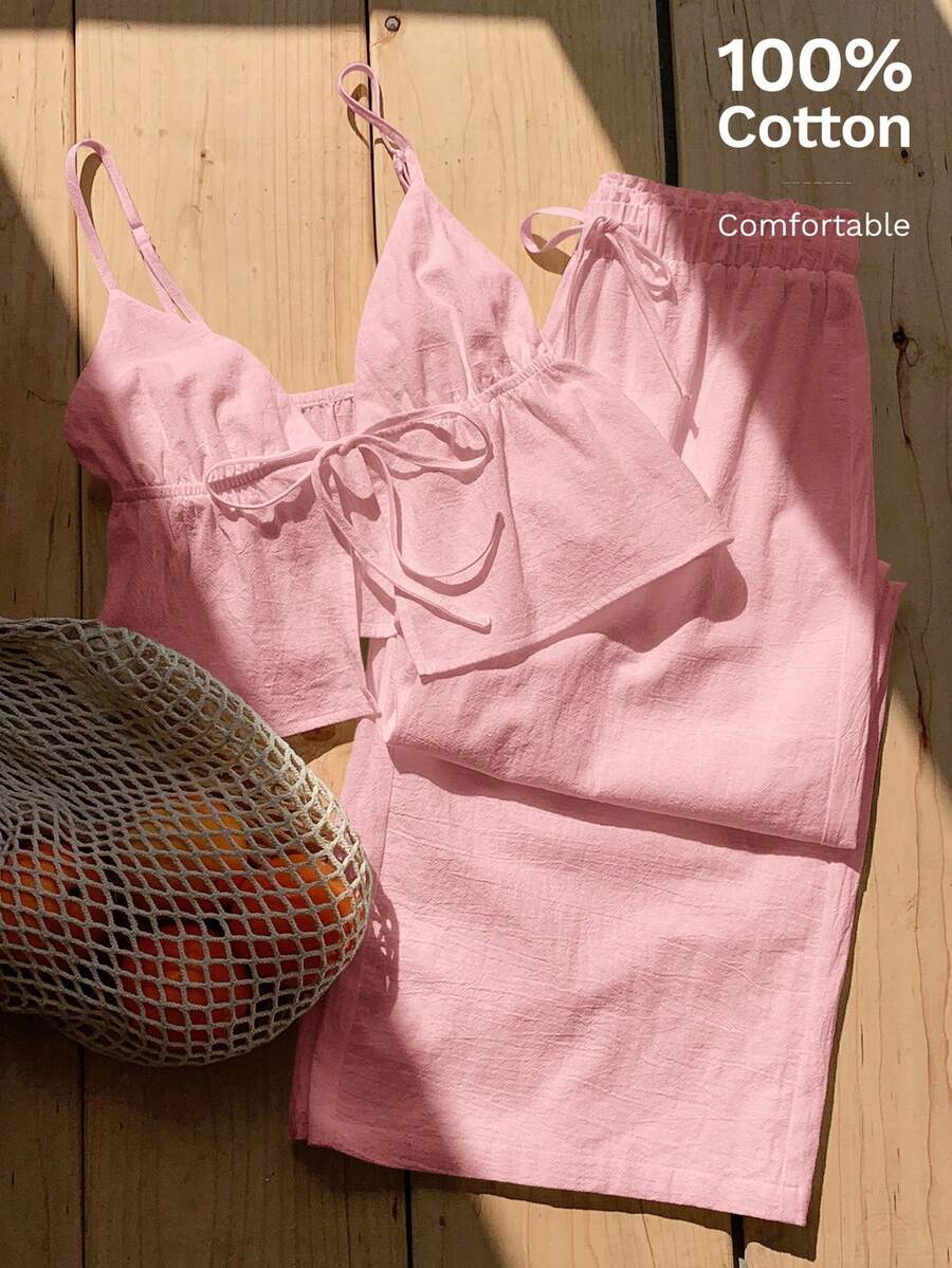 Comfortcana 女士莲花根粉色棉麻吊带背心和裤子两件套,夏季 - 藕粉色 - 查看 1