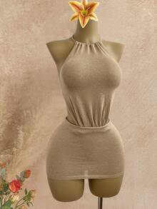 Elamini Sexy Halter Backless Vacation Style Dress For Women - Gold - View 4