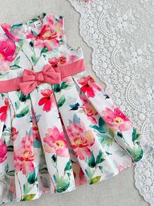 SHEIN Đầm công chúa không tay thắt nơ eo, màu nước hoa lá tươi tắn, kiểu dáng mới về cho bé gái 0-3 tuổi, thích hợp cho các hoạt động ngoài trời, dã ngoại, tiệc trà chiều, tiệc tùng và sinh nhật. - Hồng - Xem 3