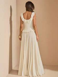 SHEIN BAE Đầm maxi ôm sát màu mơ bằng vải chiffon, cổ chữ V sâu, viền bèo nhún, gợi cảm, thích hợp cho tiệc cocktail, hẹn hò lãng mạn, họp mặt, sự kiện trang trọng, đầm phù dâu, ngày Valentine, đầm hè cho nữ, đầm dự tiệc trà, đầm maxi đi biển, đầm dự tiệc brunch, đầm dự tiệc sinh nhật, đầm maxi thanh lịch. - Màu be - Xem 2