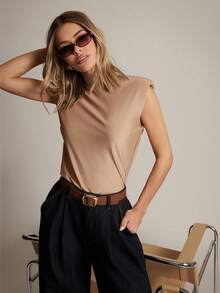 Hauture Women's Simple Elegant High Neck Padded Shoulder Daily Sleeveless Top - Khaki - View 4