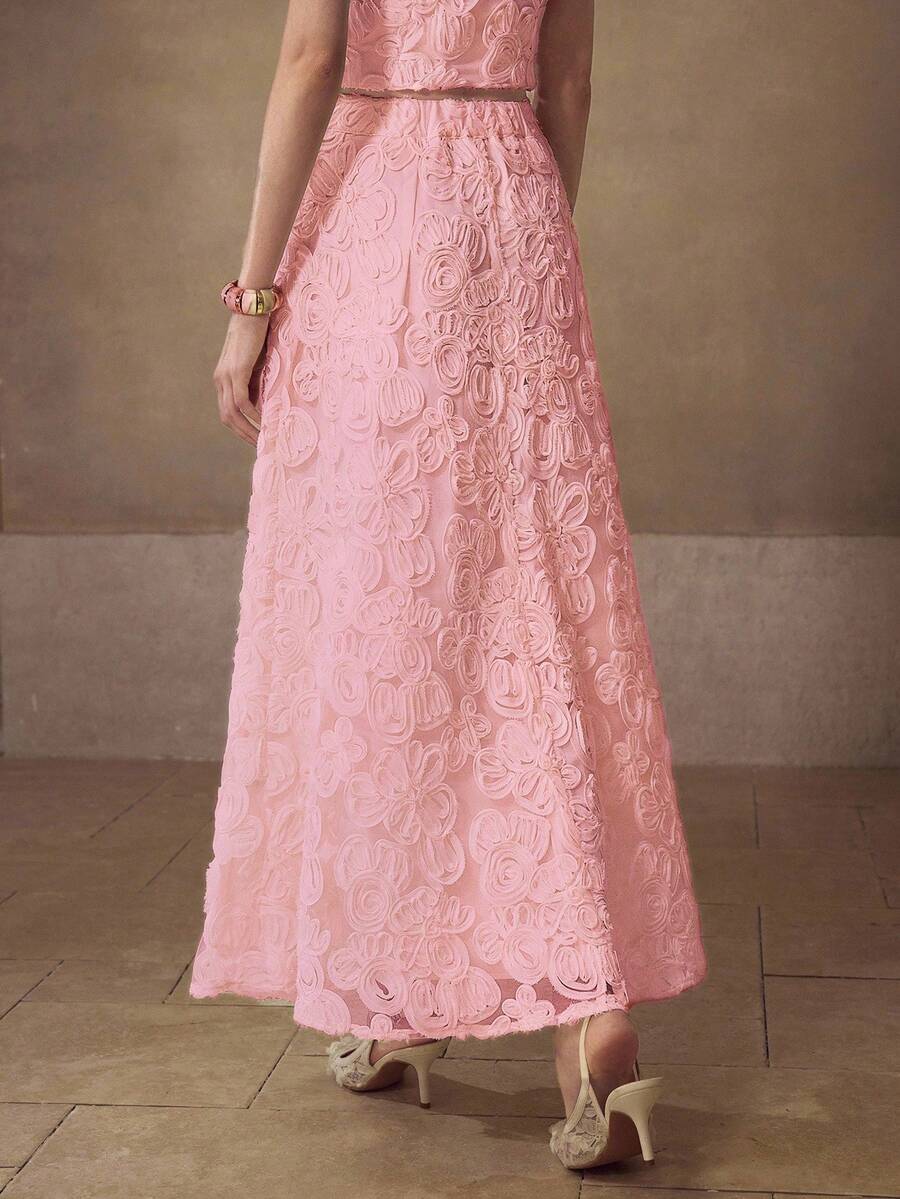 MOTF PREMIUM ELEGANT JACQUARD TEXTURED LACE A-LINE LONG SKIRT FOR WOMEN - Pink - View 2