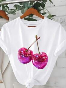 SHEIN LUNE Women's T-Shirt, Casual Street Style Graphic Short Sleeve T-Shirt, Cute Summer Top T Shirt Women T Shirt Cherry Tops For Women Fruit Tshirt Cherry Tshirt Tshirt For Women Summer T Shirt For Woman - White - View 3