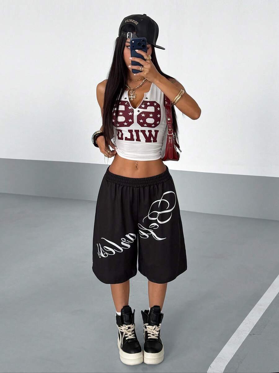 StreetHx Pantalones cortos sueltos con estampado de letras en inglés para mujer - Negro - Ver 1