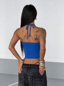 StreetHx Women's Sexy Backless Letter & Number Print Halter Neck Casual Sports Tank Top, Summer - Blue - View 3