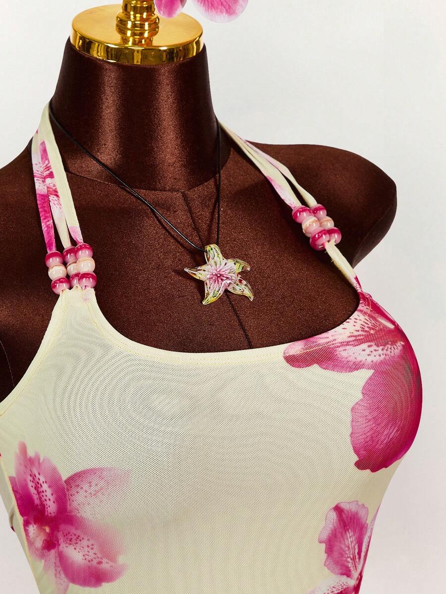 Amplova Áo tank top nữ đi nghỉ mát in hoa, dây đeo đính hạt mới năm 2026 - Nhiều màu - Xem 1