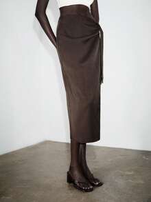 Lumivelle Women's Elegant Dark Coffee Solid A-Line High Waist Slit Tie Ruched Asymmetric Skirt, Suitable For Vacation - Brown - View 6