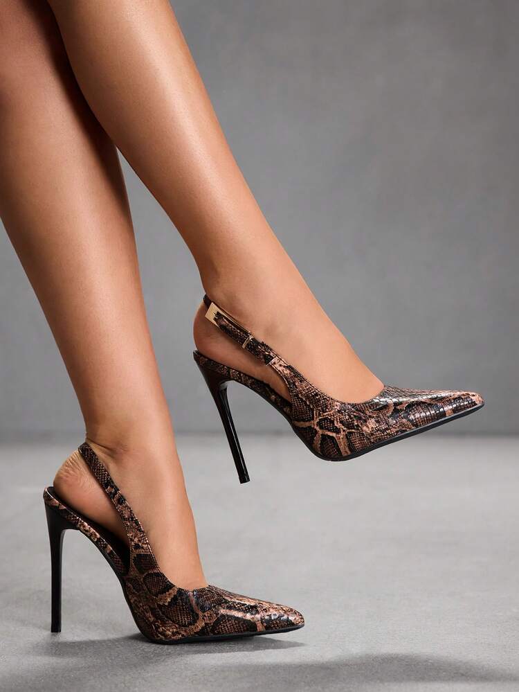 CUCCOO SZL Women Shoes Women's Pointed Stiletto Brown Snake Pattern Fabric Fashionable Sexy Dinner Party Nightclub Women's High Heel Shoes Rear Strap Slingback Shoes Women's Shoes