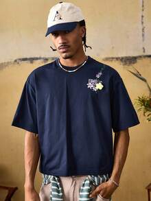 ROMWE MEN Street Life Men's Casual Floral & Letter Print Short Sleeve T-Shirt, Summer - Navy Blue - View 2