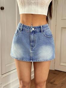 Rivivi Women's Casual Everyday Denim Skirt With Pockets And Buttons - Blue - View 4