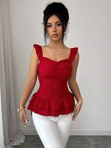 Elenzga Blusa roja de mujer con cuello cuadrado de volantes, cintura recogida y estampado de lunares texturizado, de estilo francés, primavera/verano, de lujo y elegante - Rojo - Ver 4