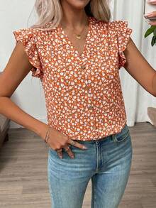 SHEIN Clasi Women's Minimalist Floral Ruffle Hem Short Sleeve Top,Summer Top - Orange - View 2