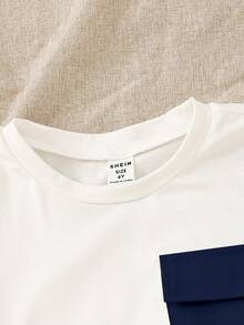 SHEIN Streecool Kids Set Kaos Saku dan Celana Pendek Tali Serut Kasual untuk Anak Laki-Laki - Navy Blue - View 4