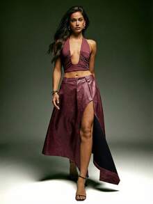 Denimoi Chân váy giả da xẻ cao, vạt lệch, thời trang, thích hợp cho mùa thu đông. - Màu Đỏ Sâu - Xem 2