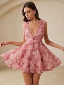 BELROSIE Women Dusty Pink Mini Dress 3D Floral Applique Organza A-Line Deep V-Neck Sleeveless High Waist Elegant Mama Mia Summer Wedding Guest Party Dresses - Rose Red - View 5