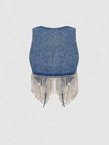 SHEIN MOD Áo khoác denim nữ cổ chữ V thắt nơ tua rua thời trang đa năng - Màu xanh lam - Xem 2