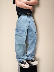 Manfinity Roghcode New Casual Light-Colored Straight Leg Wide Leg Jeans - Blue - View 5