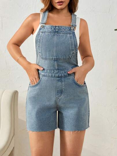 EURMUSE Women's Pocketed Frayed Hem Casual Denim Romper Short Overalls Women Denim Short Overalls For Women Womens Short Denim Overalls Overall Shorts