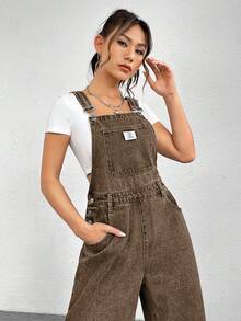 SHEIN EZwear Quần yếm denim nữ kiểu dáng thường ngày, có logo chữ và túi xéo, thích hợp cho mùa hè. - màu nâu - Xem 6