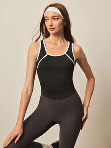 With My Calm Women's Contrast Piping Scoop Neck Shapewear Sports Tank Top - Black and White - View 3