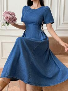 DAZY Đầm denim nữ dáng suông, cổ tròn, tay cánh hoa, chất liệu denim mài, thích hợp cho mùa hè. - Rửa trung bình - Xem 1