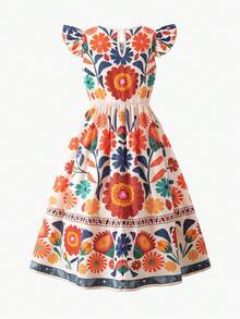 SHEIN Đầm ngắn tay cổ tròn in hoa cho bé gái tuổi teen, thích hợp cho kỳ nghỉ. - Nhiều màu - Xem 8