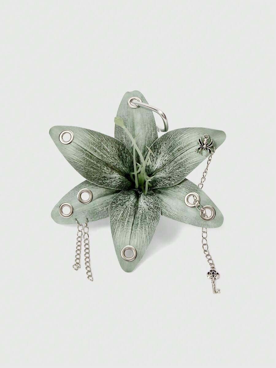 ROMWE Grunge Punk 1个百合花仿真钥匙扣，手工冲压镂空创意吊坠，个性化包包配件 - 綠色 - 查看 1