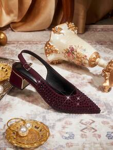 CUCCOO TILAWA Giày cao gót quai sau đính đá, đế thô - Màu Đỏ Sâu - Xem 6