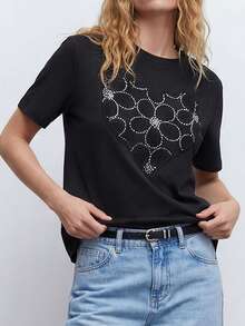 Maija Women's Casual Rhinestone Flower Graphic Round Neck Short Sleeve T-Shirt, Summer - Black - View 6