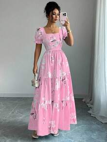 Elenzga Đầm nữ mới về, cổ vuông, in hoa, tay phồng, hở lưng, dáng chữ A, thích hợp cho kỳ nghỉ, đi biển hoặc mặc hàng ngày, thanh lịch. - Hồng - Xem 4