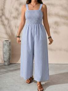 EMERY ROSE Plus Size Women Striped Square Neck Casual Jumpsuit - Blue - View 3