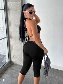 SHEIN SXY 纯色性感露背低胸连体裤 - 黑色 - 查看 2