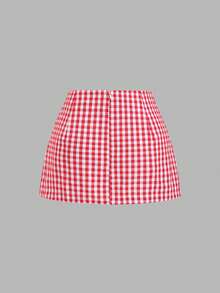 Sweetra Women's Sweet & Cool Red & White Plaid Side Tie A-Line Mini Skirt, Slimming, Spring/Summer - Red and White - View 2