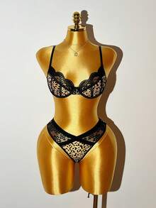 2pcs Leopard Print Sexy Lace Patchwork Lingerie Set, Includes Sexy Bra And Thong Panty - Multicolor - View 6