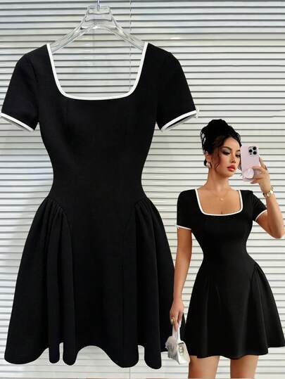 GlowEve New Unique French Style Backless Elegant Short Dress, Sexy Fitted Little Black Dress With Bowknot Short Sleeve For Women, Spring/Summer