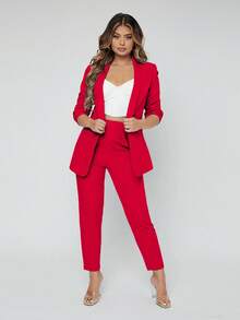 EURMUSE Shawl Collar Open Front Blazer & Pants - Hot Pink - View 4