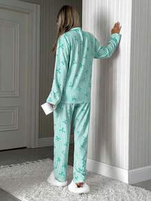 EURMUSE Women 2 Pcs Button Front With Striped&Bot Pattern Homewear Cute Pajama Set - Green - View 2